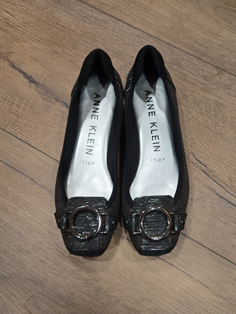 Anne Klein Black Textured Loafers with Silver Ring